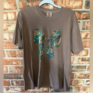 Comfort Colors Brown Tee with Bling Camo Bow